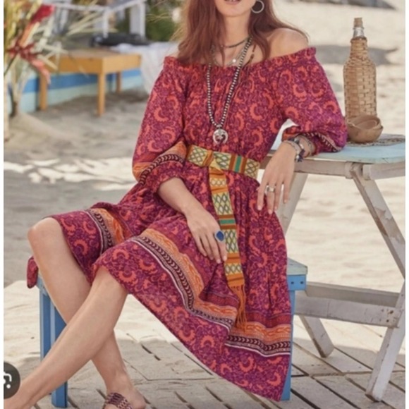 Sundance Dresses & Skirts - Sundance Womens PM Purple Orange Floral Off Shoulder Boho Tiered Midi Dress F3